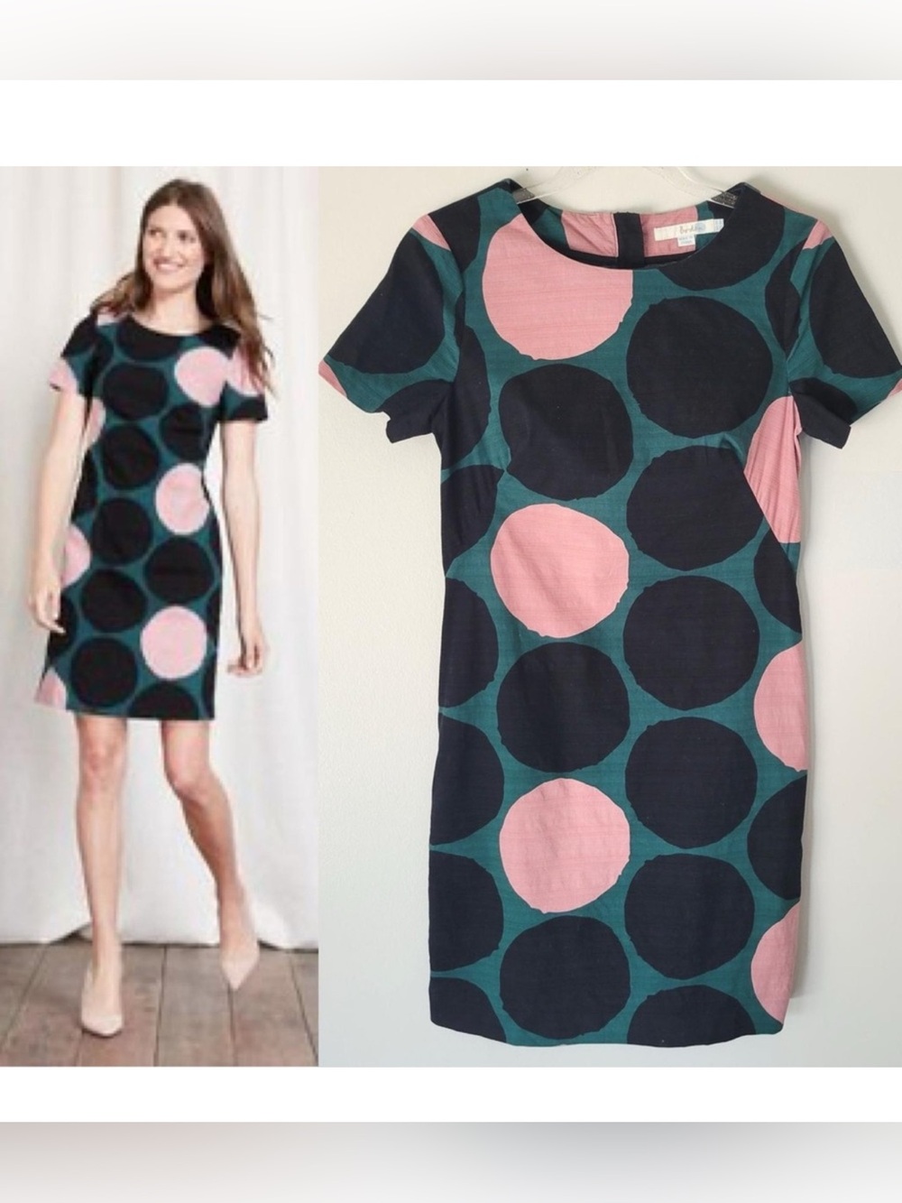 Boden - Polka Dot Cotton Shift Dress Dark Green Pink Black Size US 4L Tall EUC
